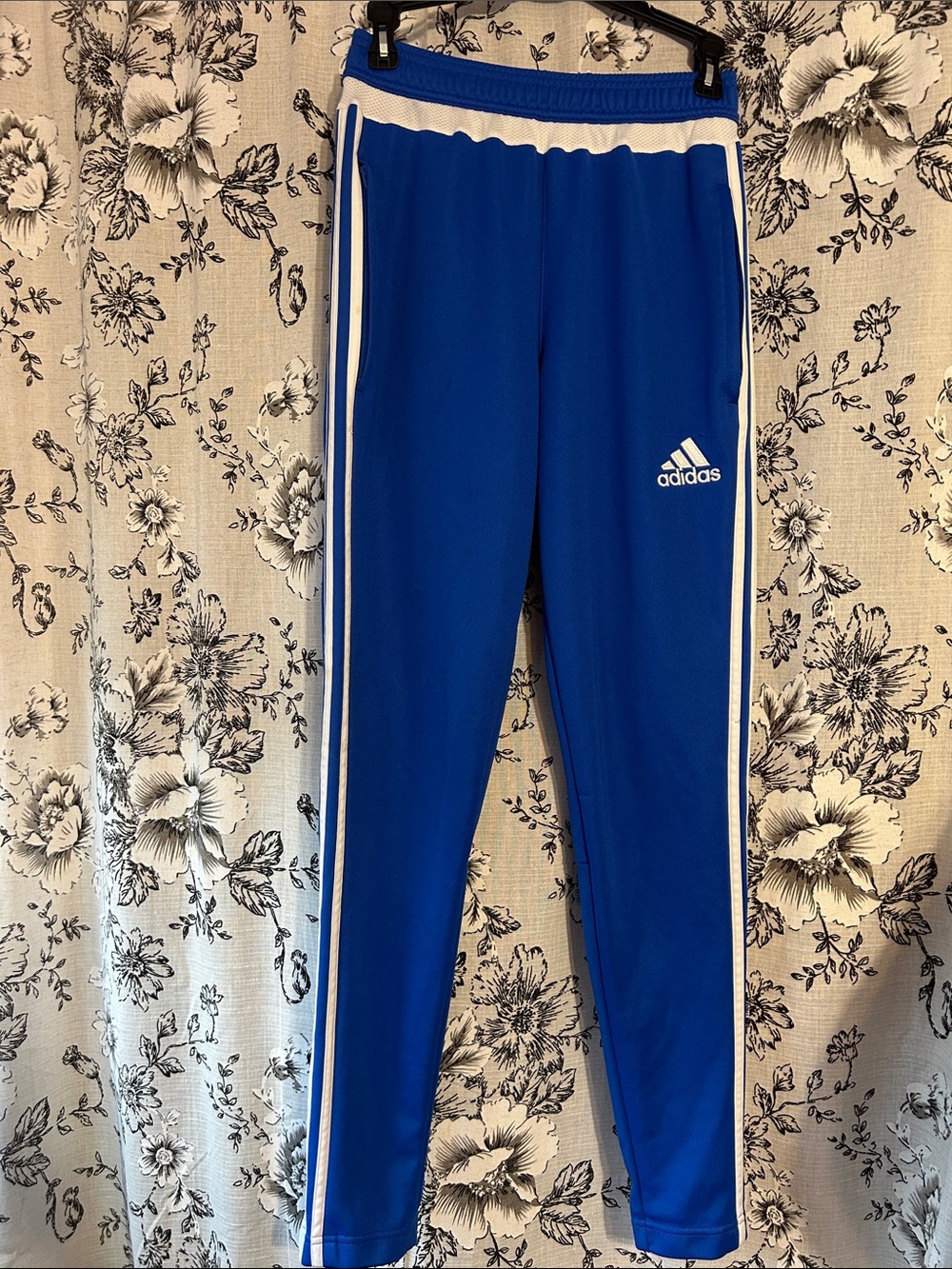 adidas men’s Blue Athletic Track Pants with White Stripes